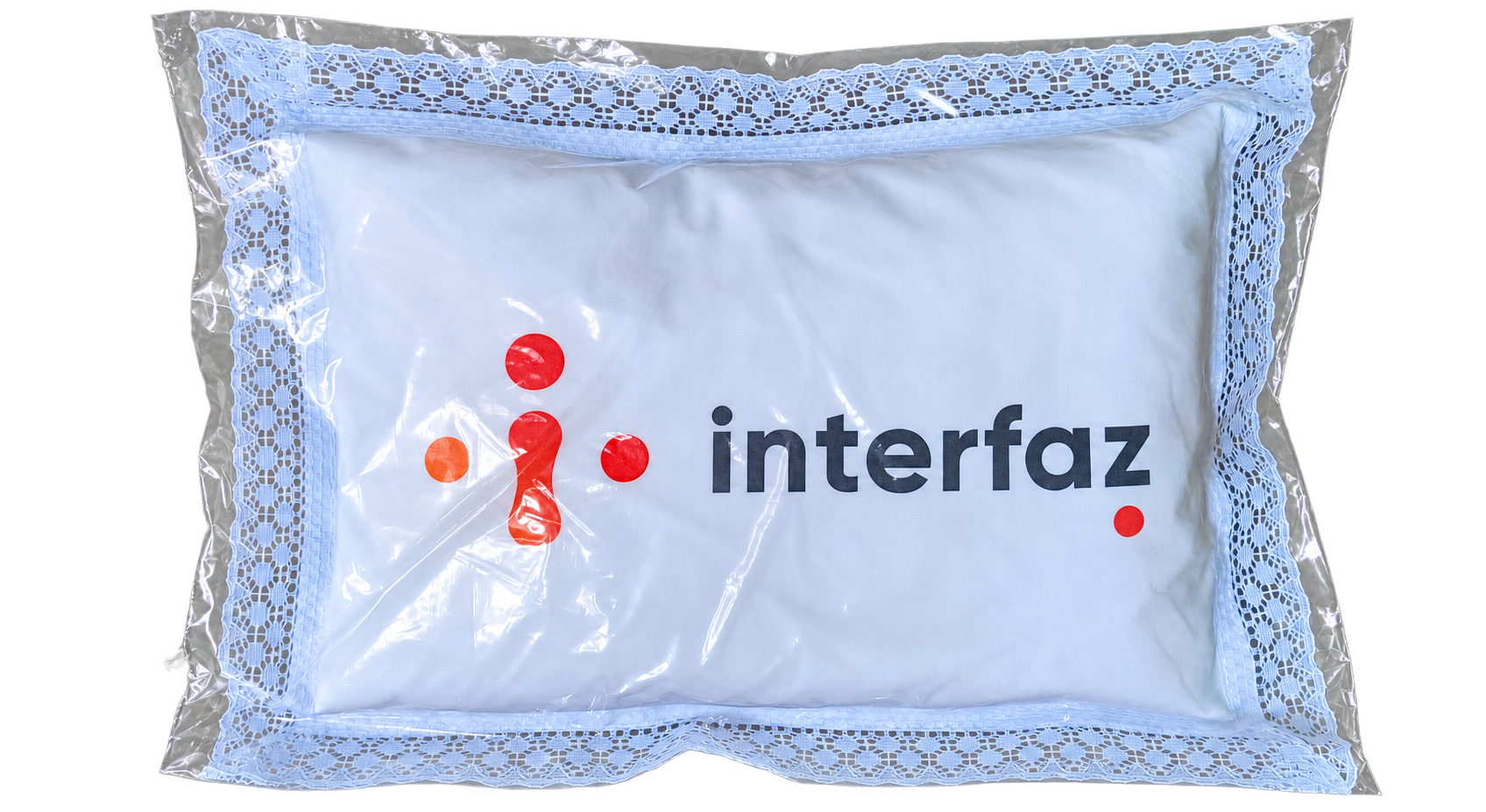 Style 5 pillow and lace-trimmed cover featuring an Interfaz design in the center.