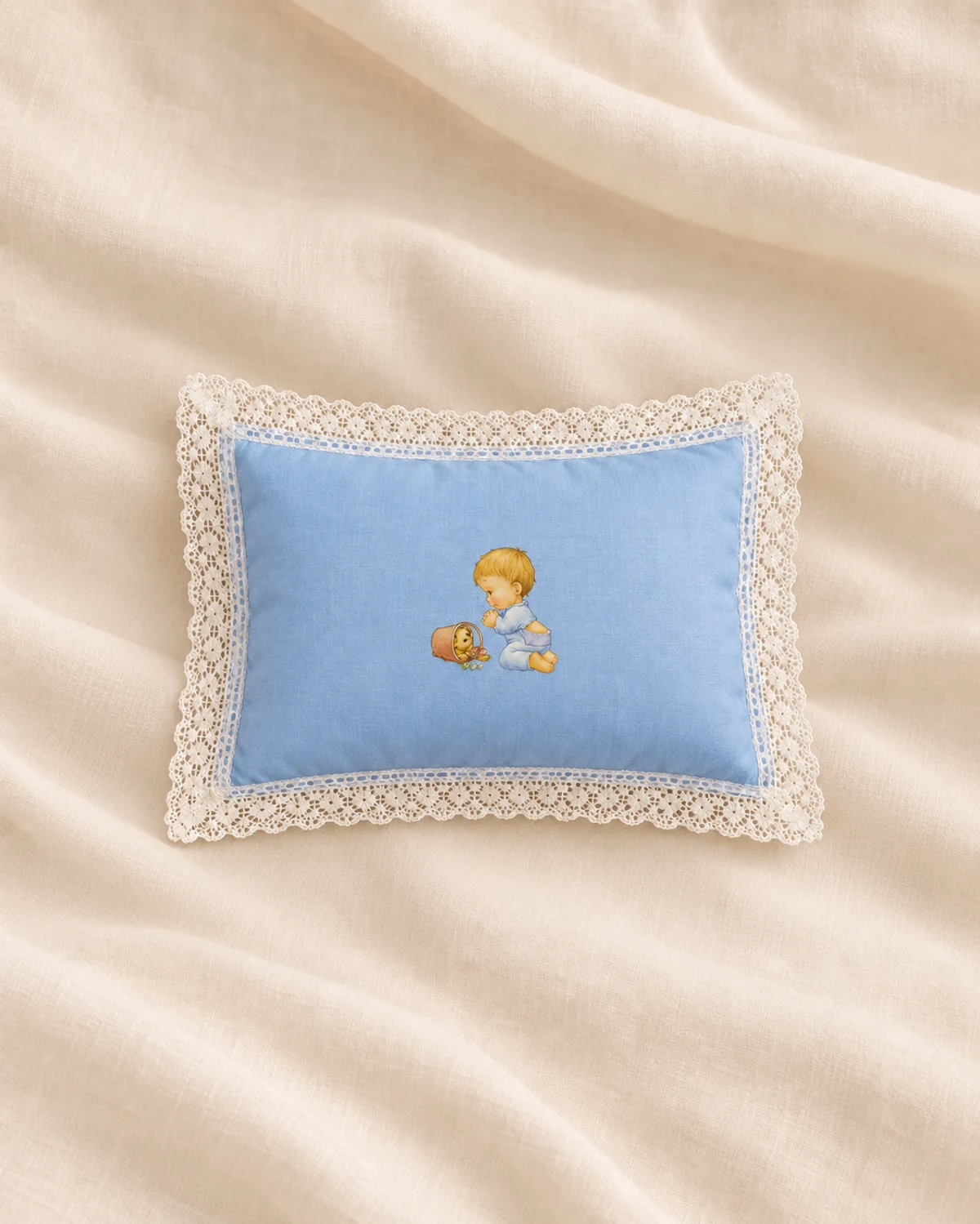 Illustrative composition of a sky-blue lace pillow, inspired by our archive.