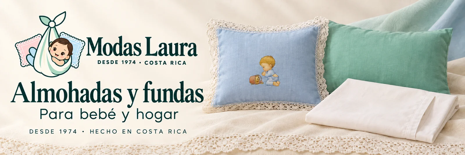 Composición ilustrativa: almohadita con encaje, almohada sencilla verde y funda blanca para almohada grande.